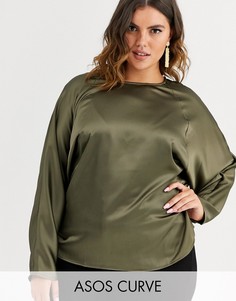Атласный топ с рукавами \летучая мышь\" ASOS DESIGN Curve-Зеленый