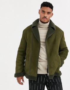 Байкерская куртка хаки из искусственной овчины ASOS DESIGN-Зеленый