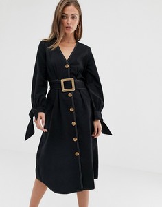 Повседневное приталенное платье миди с контрастными строчками и поясом ASOS DESIGN-Черный