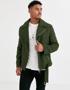 Байкерская куртка хаки с добавлением шерсти и ремнем ASOS DESIGN-Зеленый