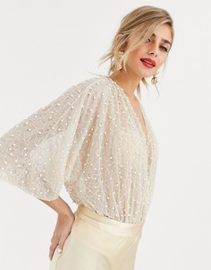 Боди с запахом и искусственным жемчугом ASOS DESIGN-Кремовый