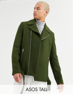 Байкерская куртка с поясом цвета хаки с добавлением шерсти ASOS DESIGN Tall-Зеленый