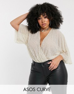 Боди с запахом и отделкой искусственным жемчугом ASOS DESIGN Curve-Белый