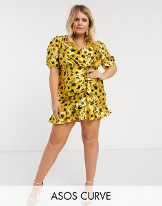 Атласное чайное платье мини с запахом и мелким цветочным принтом ASOS DESIGN Curve-Мульти