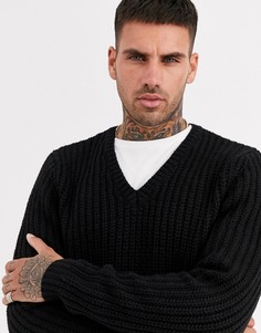 Плотный черный джемпер в рубчик с V-образным вырезом ASOS DESIGN