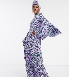 Лавандовое чайное платье макси с длинными рукавами и леопардовым принтом Verona-Фиолетовый