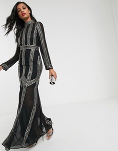 Платье макси с отделкой в виде полосок ASOS DESIGN-Черный