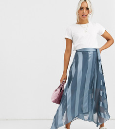 Юбка миди с атласными полосками и поясом ASOS DESIGN Petite-Синий