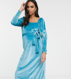 Эксклюзивное бархатное платье миди с пышными рукавами и квадратным вырезом ASOS DESIGN Maternity-Синий