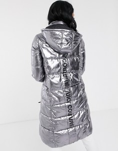 Серебристый длинный пуховик с логотипом Juicy Couture-Серебряный
