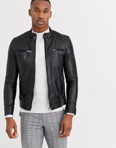 Кожаная байкерская куртка с 4 карманами Barneys Originals-Черный