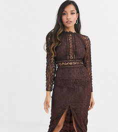 кружевное платье-футляр с длинными рукавами ASOS DESIGN Petite-Коричневый