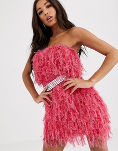 Платье мини из искусственных перьев с поясом из стразов ASOS DESIGN-Розовый