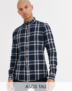 Темно-синяя приталенная рубашка в клетку ASOS DESIGN Tall-Темно-синий