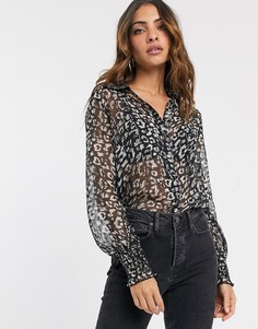 Черная блузка со сборками и леопардовым принтом River Island-Черный