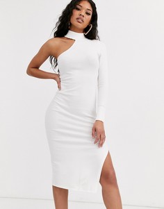 Трикотажное платье миди с одним рукавом ASOS DESIGN-Кремовый