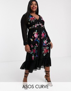 Приталенное платье миди с вышивкой и кружевными вставками ASOS DESIGN Curve-Черный
