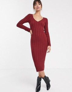 Платье миди в рубчик с V-образным вырезом ASOS DESIGN-Красный