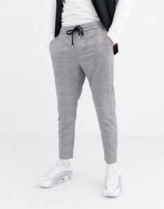Серые брюки в ломаную клетку с затягивающимся шнурком Only & Sons-Серый