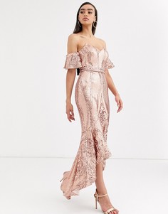 Платье миди цвета розового золота с широким вырезом и пайетками Bariano-Розовый