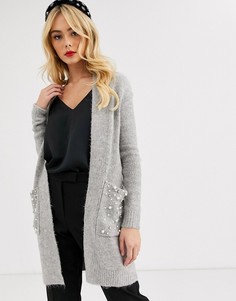 Серый длинный кардиган с бусинами Lipsy
