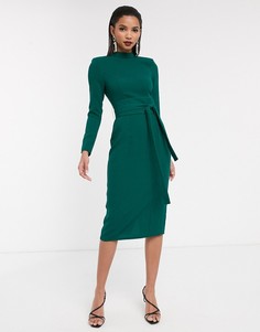 Платье миди с длинными рукавами и поясом оби ASOS DESIGN-Зеленый