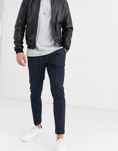 Темно-синие облегающие брюки в тонкую полоску Burton Menswear-Черный