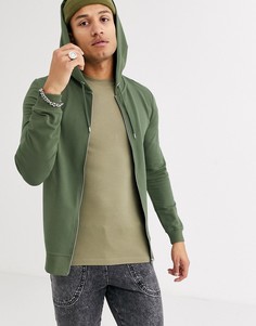 Обтягивающее худи на молнии цвета хаки ASOS DESIGN-Зеленый
