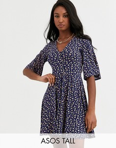 Свободное платье мини с цветочным принтоми пуговицами ASOS DESIGN Tall-Темно-синий