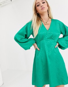 Жаккардовое платье мини с пышными рукавами ASOS DESIGN-Зеленый