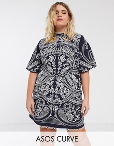 Структурированное платье мини с высоким воротом и вышивкой ASOS DESIGN Curve-Темно-синий