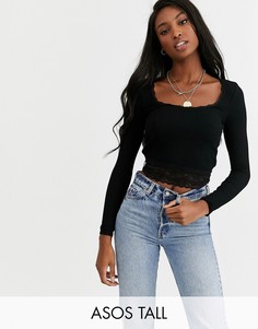 Приталенная футболка с кружевной отделкой ASOS DESIGN Tall-Черный