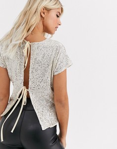 Серебристый топ с пайетками, открытой спиной и завязкой New Look-Серебряный