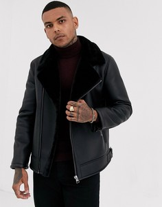 Черная байкерская куртка с искусственным мехом Topman-Черный