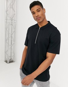 Свободное поло черного цвета с воротом на молнии Jack & Jones Premium-Черный