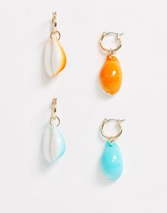 2 пары золотистых серег-колец с подвесками из цветных ракушек ASOS DESIGN-Золотой