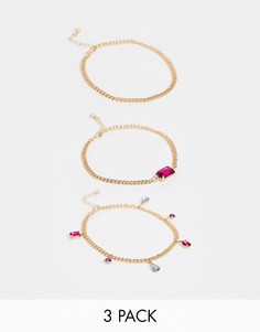 Набор из 3 золотистых ножных браслетов с камнями ASOS DESIGN-Золотой