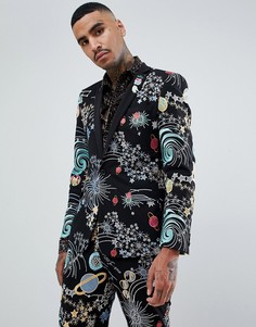 Смокинг скинни с галактической вышивкой и съемным попугаем из пайеток ASOS DESIGN-Черный