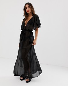 Черное пляжное шифоновое платье макси с кейпом и поясом ASOS DESIGN-Черный