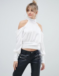 Атласный лонгслив с высоким воротником и вырезами на плечах ASOS DESIGN-Белый