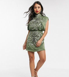 Атласное платье мини с вышивкой ASOS DESIGN Petite-Темно-синий