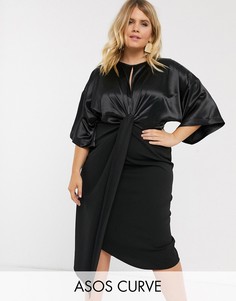 Атласное платье миди с запахом ASOS DESIGN Curve-Черный