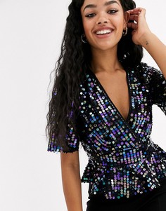 Черный топ с запахом и пайетками Miss Selfridge