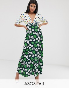 Чайное платье макси с принтом и оборками ASOS DESIGN Tall-Мульти