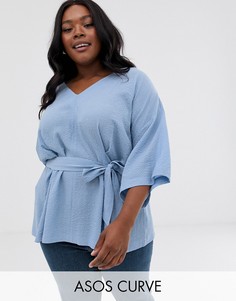 Фактурный oversize-топ с V-образным вырезом, поясом и рукавами 3/4 ASOS DESIGN Curve-Синий