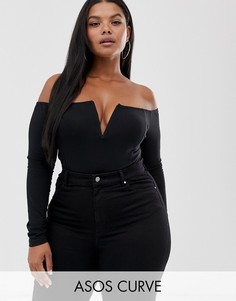 Боди с открытыми плечами, глубоким вырезом и длинными рукавами ASOS DESIGN Curve-Черный