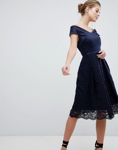 Кружевное короткое приталенное платье с открытыми плечами Vesper-Темно-синий