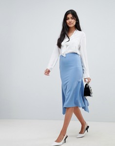 Юбка миди из крепа с асимметричным краем ASOS DESIGN-Синий