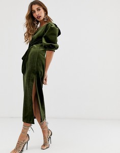 Бархатное платье миди с асимметричными рукавами ASOS EDITION-Зеленый