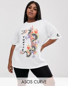 Белая oversize-футболка с принтом дракона ASOS DESIGN Curve-Белый